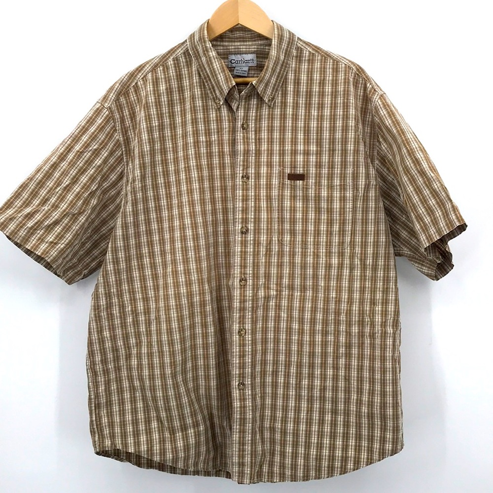 Carhartt Short Sleeve Tan Brown Plaid Button Down Shirt Size XL